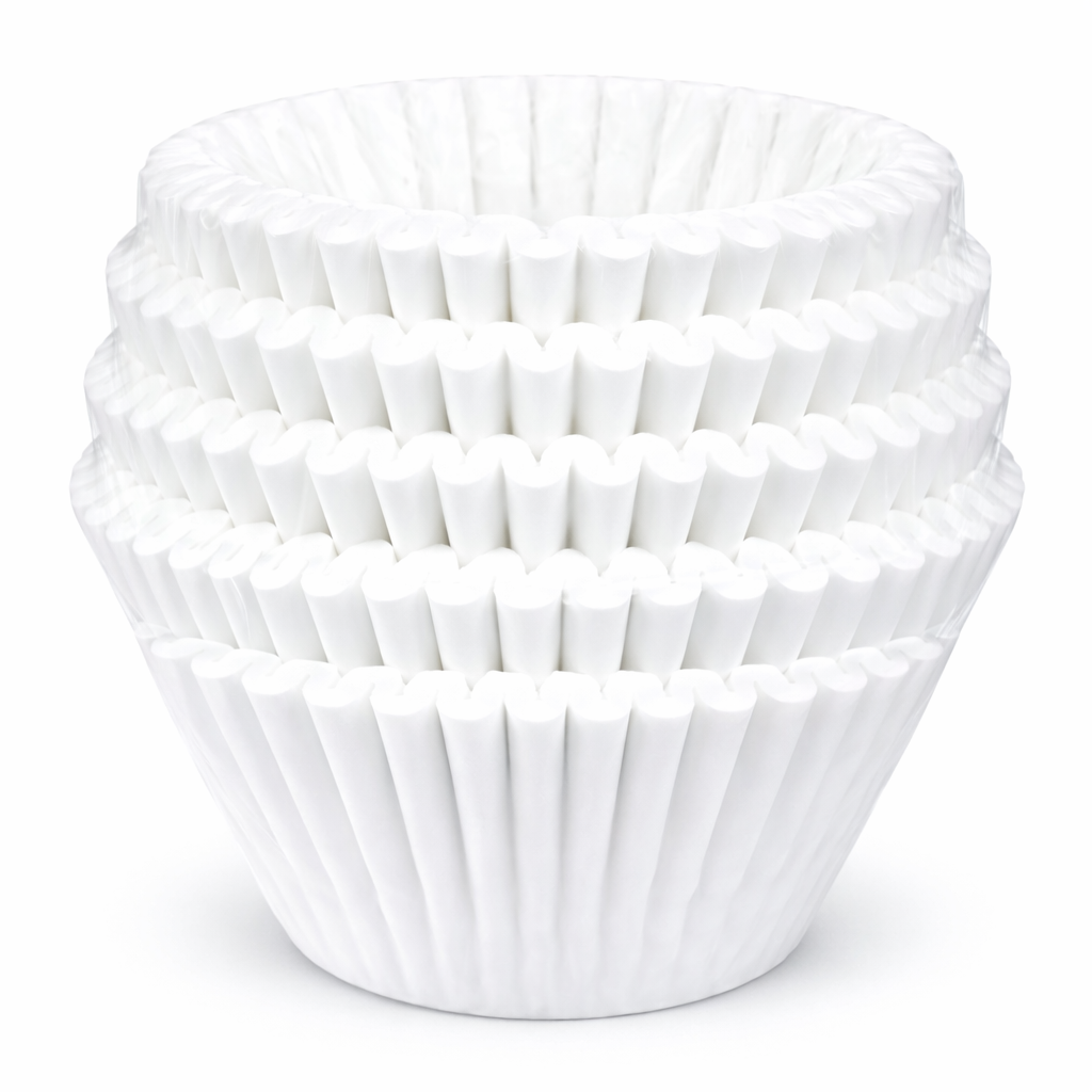 Stack of white cupcake liners on a white background