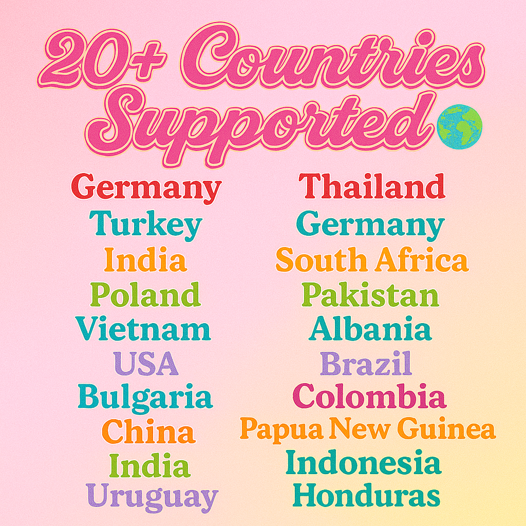 Colorful pastel graphic with retro pink script title ‘20+ Countries Supported’ and a globe icon, showcasing the international reach of Drink Katy’s coffee and tea products across 20+ countries worldwide