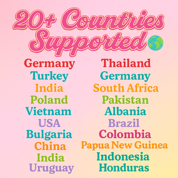 Colorful pastel graphic with retro pink script title ‘20+ Countries Supported’ and a globe icon, showcasing the international reach of Drink Katy’s coffee and tea products across 20+ countries worldwide