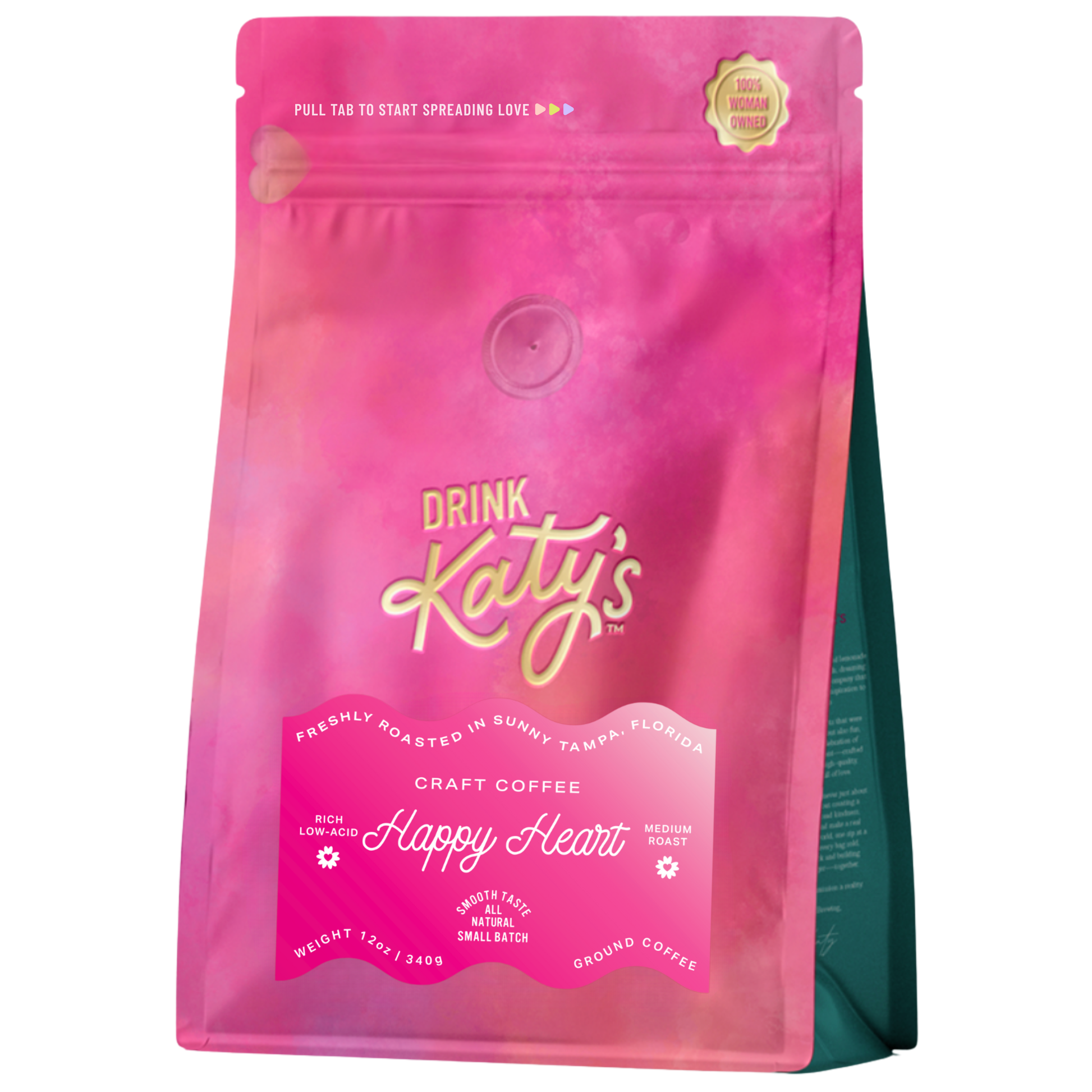 Pink coffee bag with 'Drink Katy's' branding on a white background - Drink Katy's Happy Heart Medium Roast Coffee Ground