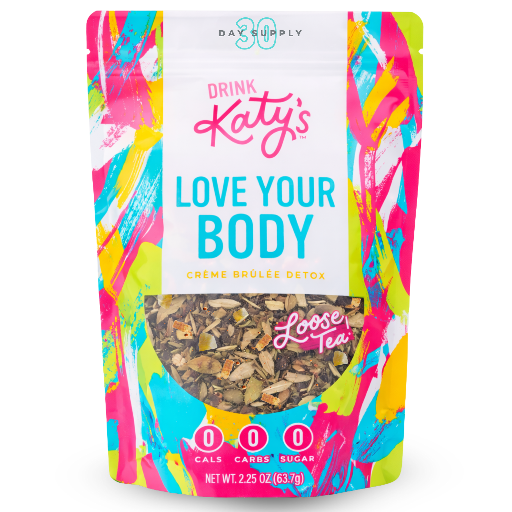 Colorful package of 'Drink Katy's Love Your Body' loose tea with abstract patterns.